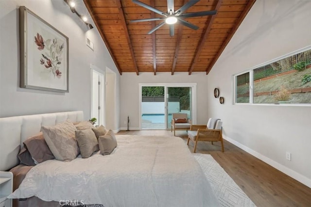 bedroom with wooden ceiling, ceiling fan, access to outside, wood-type flooring, and lofted ceiling with beams