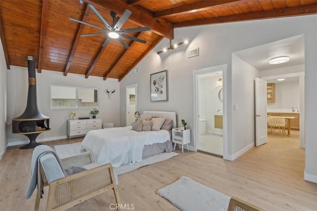 bedroom featuring ensuite bath, wood ceiling, beamed ceiling, and a wood stove