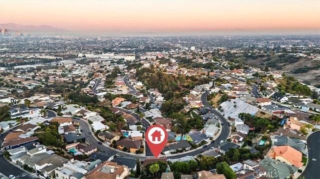 view of aerial view at dusk