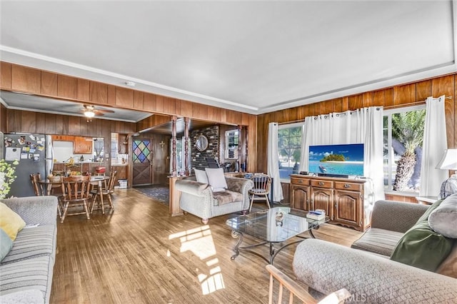 living room featuring light hardwood / wood-style flooring, a healthy amount of sunlight, and wood walls