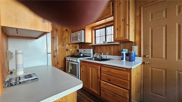 kitchen with dark hardwood / wood-style flooring, white appliances, and sink