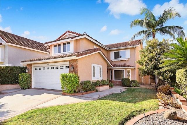 mediterranean / spanish-style home featuring a garage and a front lawn