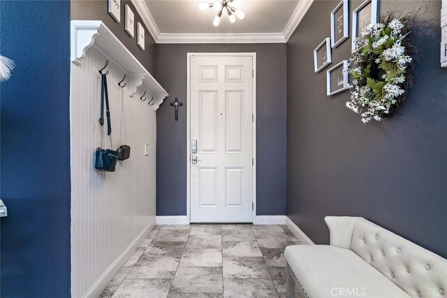 mudroom featuring crown molding