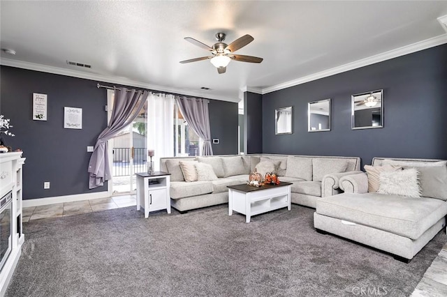 carpeted living room featuring crown molding and ceiling fan