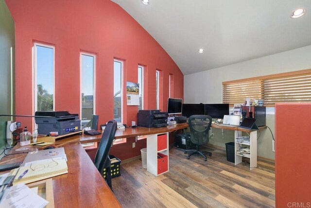 office with a wealth of natural light, high vaulted ceiling, and hardwood / wood-style flooring