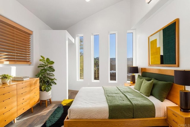 bedroom with hardwood / wood-style flooring and lofted ceiling