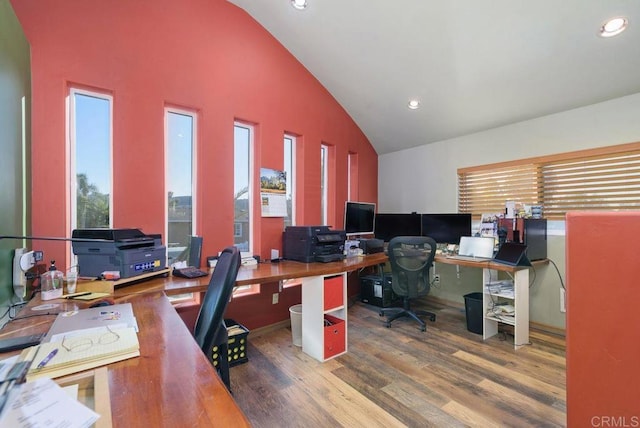 14429 Springvale St, Poway, CA 92064 - office area with vaulted ceiling, wood finished floors, and recessed lighting
