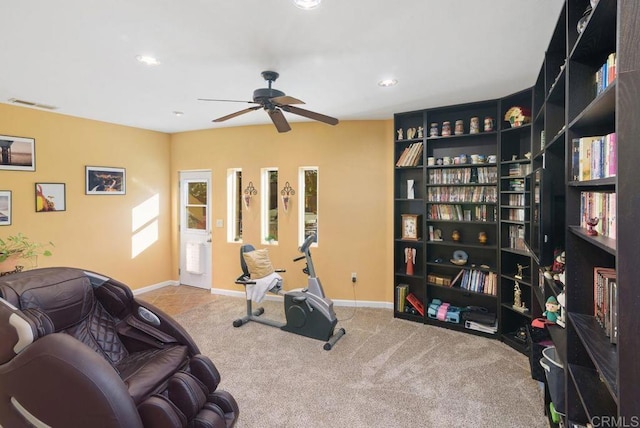 14429 Springvale St, Poway, CA 92064 - workout room with ceiling fan, carpet flooring, visible vents, and recessed lighting
