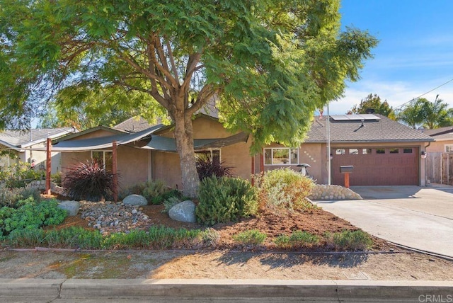 14429 Springvale St, Poway, CA 92064 - view of property hidden behind natural elements with fence, an attached garage, driveway, stucco siding, and solar panels