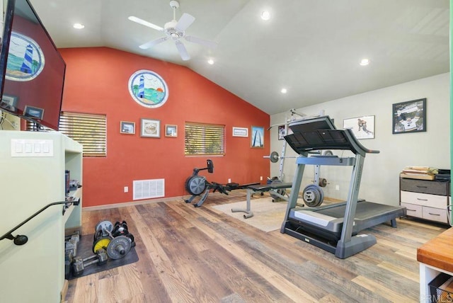 14429 Springvale St, Poway, CA 92064 - exercise room featuring lofted ceiling, wood finished floors, visible vents, recessed lighting, and ceiling fan
