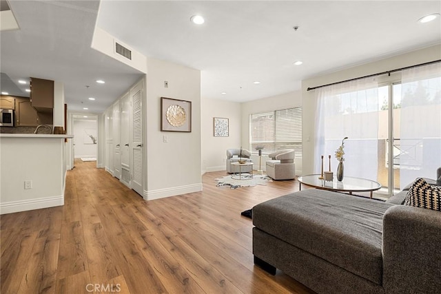 living room featuring light wood-type flooring and a healthy amount of sunlight