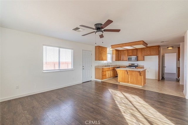 kitchen with sink, ceiling fan, a kitchen island, dark hardwood / wood-style flooring, and stainless steel appliances