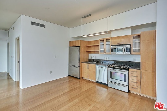 kitchen with sink, appliances with stainless steel finishes, and light hardwood / wood-style flooring