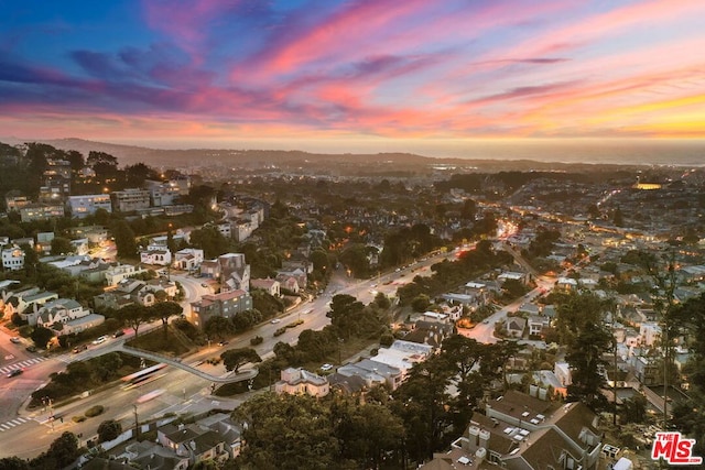 view of aerial view at dusk