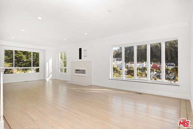 unfurnished living room featuring light hardwood / wood-style floors and ornamental molding