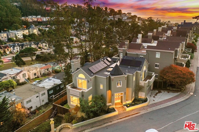 view of aerial view at dusk