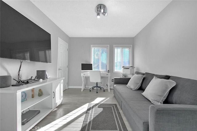 living room with hardwood / wood-style floors and a textured ceiling