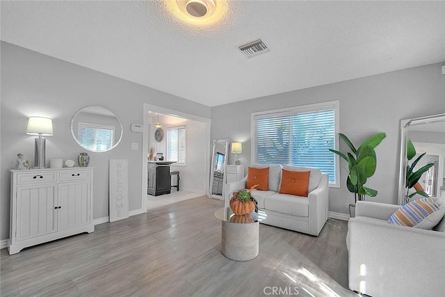 living room featuring a textured ceiling and light wood-type flooring