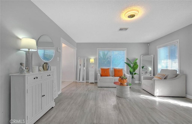 living room with light hardwood / wood-style floors and a textured ceiling