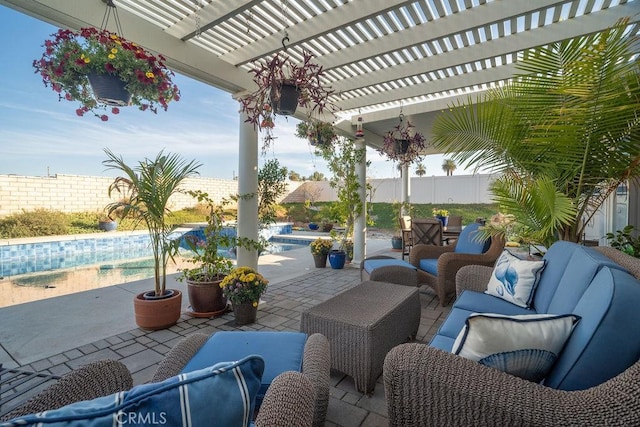 view of patio featuring a pergola, an outdoor living space, and a fenced in pool