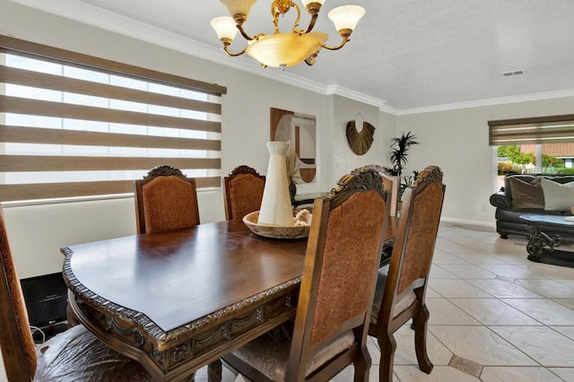 tiled dining space with ornamental molding and an inviting chandelier