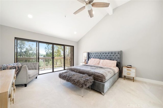 bedroom with high vaulted ceiling, ceiling fan, access to exterior, beamed ceiling, and light colored carpet