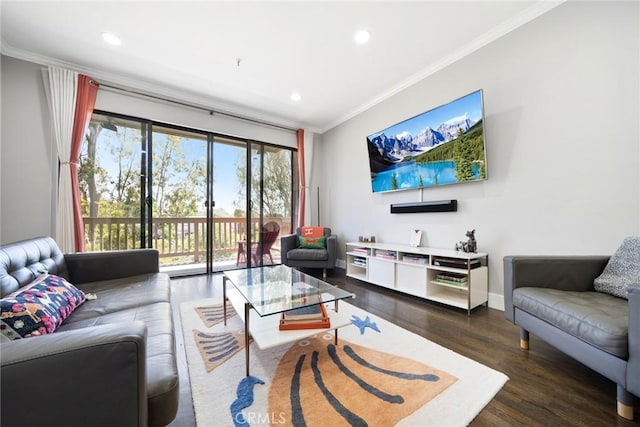 living room with crown molding and dark wood-type flooring