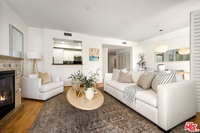 living room featuring a fireplace and hardwood / wood-style floors