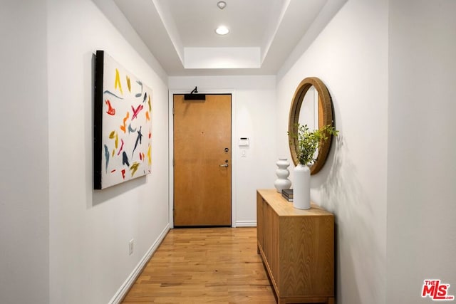 doorway to outside with light hardwood / wood-style floors and a tray ceiling