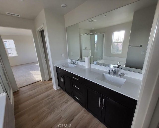 bathroom with plus walk in shower, vanity, hardwood / wood-style flooring, and plenty of natural light