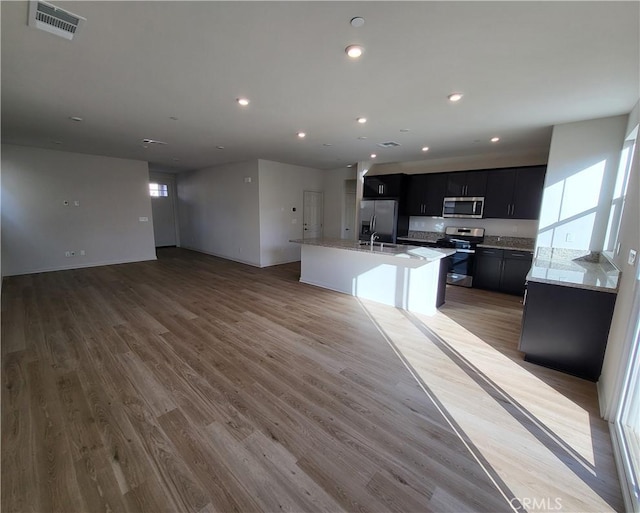 kitchen with light wood-type flooring, stainless steel appliances, and a kitchen island with sink