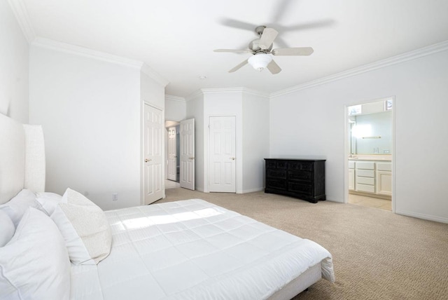 bedroom with ceiling fan, ornamental molding, light carpet, and connected bathroom