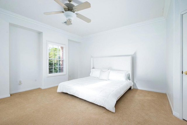 bedroom with ceiling fan, light colored carpet, and ornamental molding