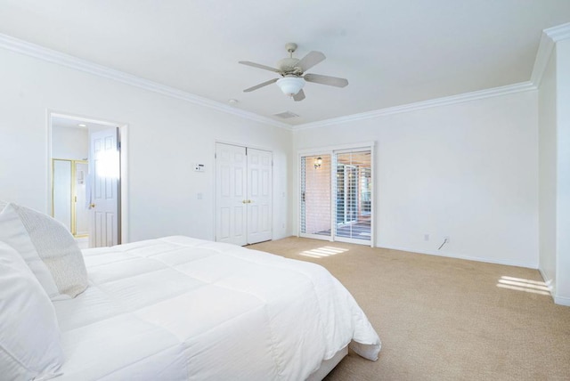 bedroom with access to outside, ceiling fan, crown molding, and light carpet