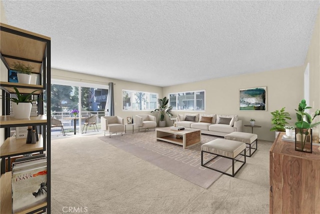 living room featuring light colored carpet and a textured ceiling