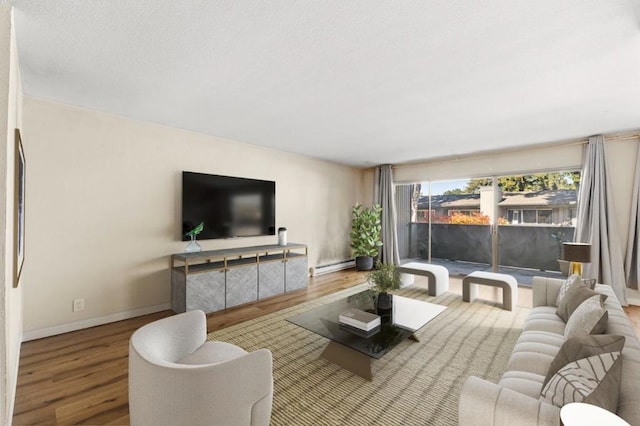 living room featuring a baseboard radiator and hardwood / wood-style flooring