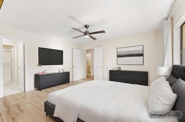 bedroom with ceiling fan and light wood-type flooring