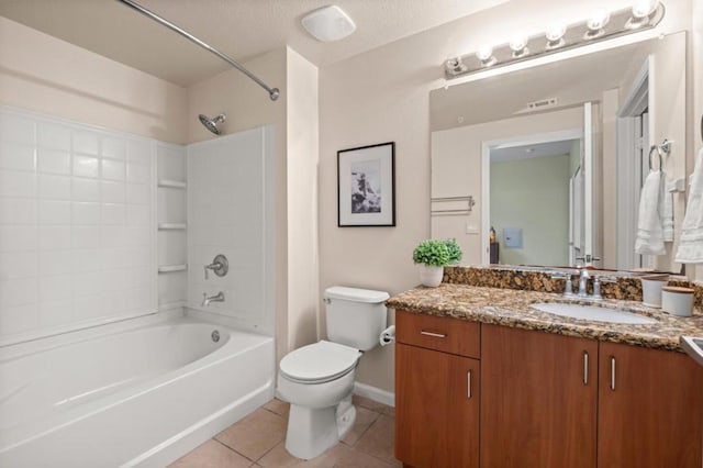 full bathroom featuring vanity, shower / washtub combination, tile patterned floors, and toilet