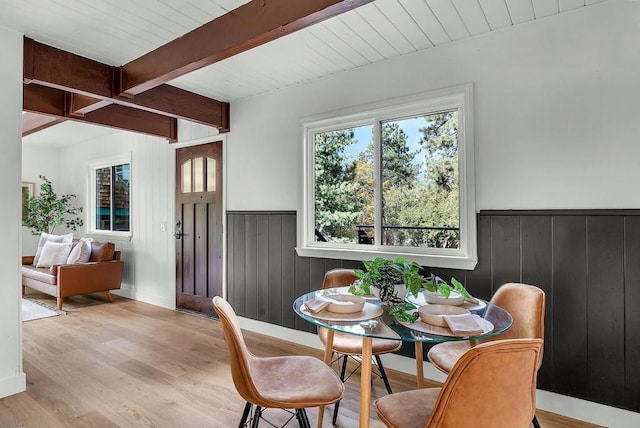 dining space with beam ceiling, light wood-type flooring, and wooden walls