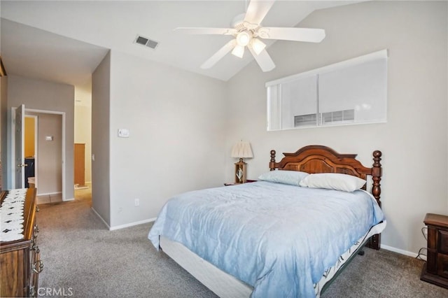 bedroom featuring carpet flooring, ceiling fan, and vaulted ceiling