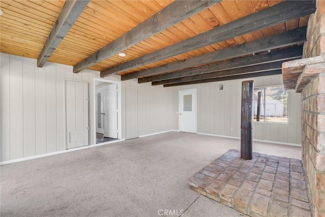 basement with carpet floors and wooden ceiling