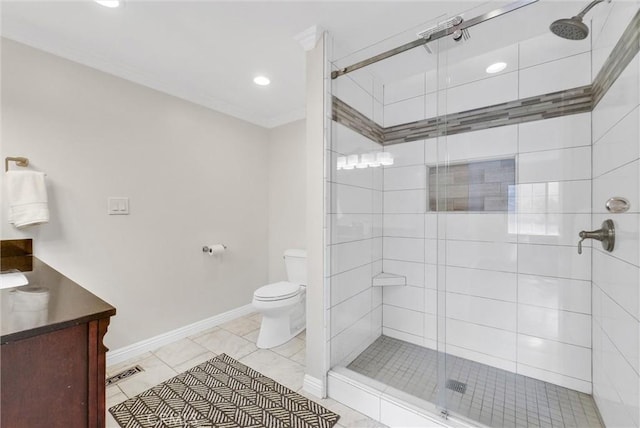 bathroom with tile patterned flooring, toilet, and a shower with shower door