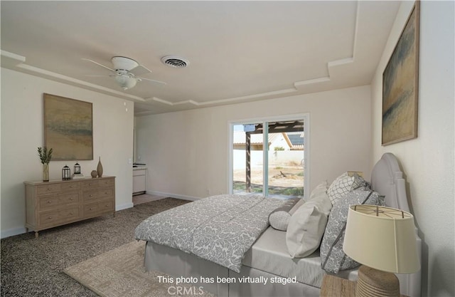 bedroom featuring carpet flooring, access to exterior, and ceiling fan