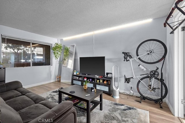 living room featuring wood-type flooring and a textured ceiling