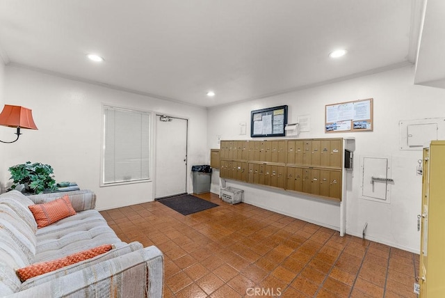 living room with ornamental molding