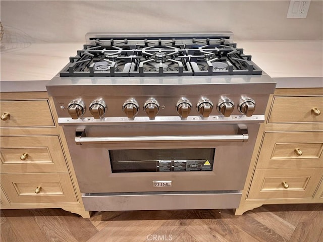 interior details featuring stainless steel range and light brown cabinets