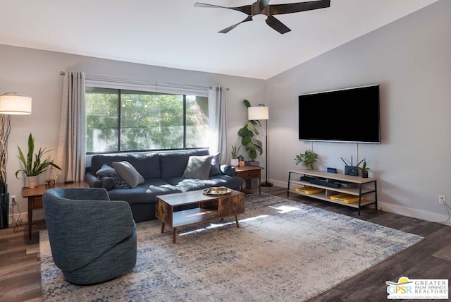 living room featuring dark wood-type flooring, ceiling fan, and lofted ceiling