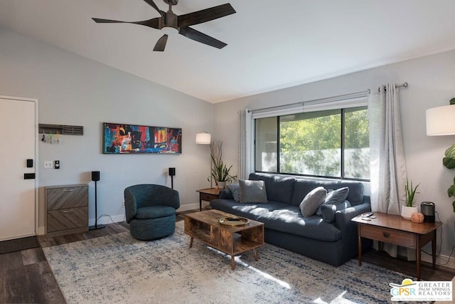 living room featuring dark hardwood / wood-style floors, ceiling fan, and lofted ceiling