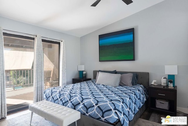 bedroom featuring dark wood-type flooring, ceiling fan, and lofted ceiling