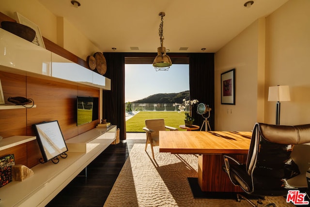 dining space with dark hardwood / wood-style flooring and lofted ceiling